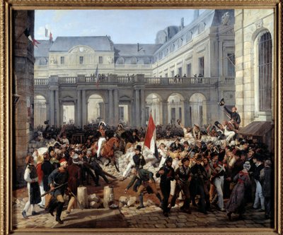 De hertog van Orléans verlaat het Koninklijk Paleis om naar het Hôtel de Ville te gaan door Emile Jean Horace Vernet