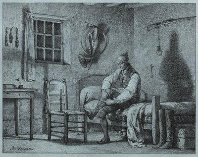 De bediende van Limier die uit bed opstaat door Emile Jean Horace Vernet