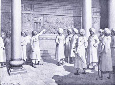 Rajaraja Chola inspecteert het bas-reliëf van zijn heldendaden in Tanjure 995 AD door Horace van Ruith
