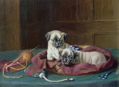 Mopshondjes in een mand door Horatio Henry Couldery