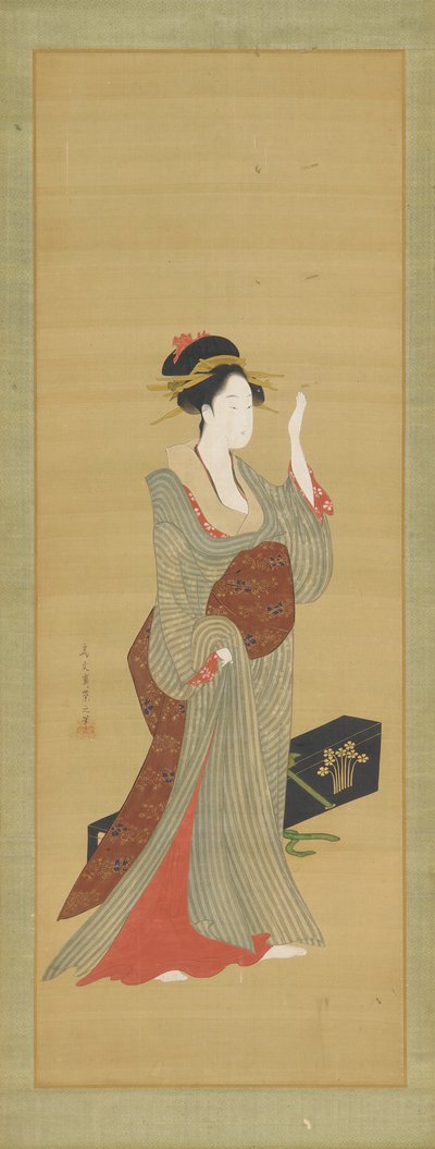 Een geisha die op het punt staat een schildpad haarspeld aan te passen door Hosoda Eishi