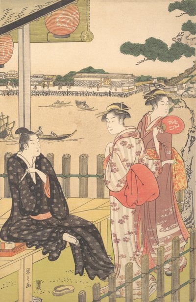 Groep bij een Theehuis aan de Oever van de Sumida-rivier, ca. 1790 door Hosoda Eishi