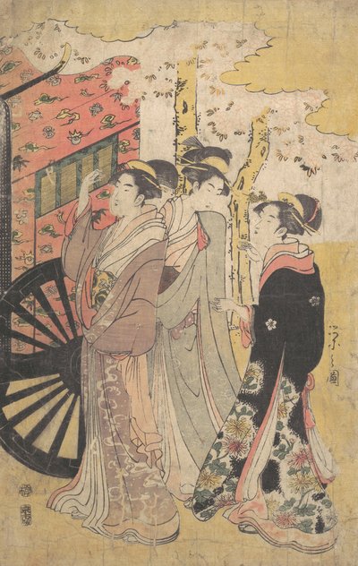 Dame in een Hofkoets die Kersenbloesems Bekijkt, ca. 1796 Kansei 8 door Hosoda Eishi