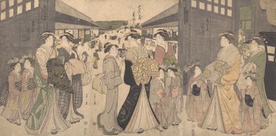 Oiran en bedienden bij de O Mon of Grote Poort van de Yoshiwara, ca. 1794 door Hosoda Eishi