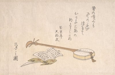Shamisen, plectrum en een boek door Hosoda Eishi