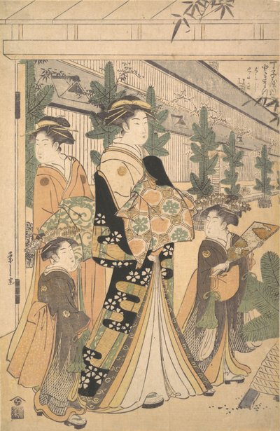 Twee Oiran met Twee Vrouwelijke Bedienden in de Yoshiwara door Hosoda Eishi