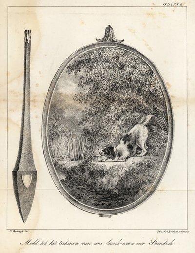 Model voor een ontwerp voor een geborduurd handscherm met een hond aan de rivier door Houtman Van