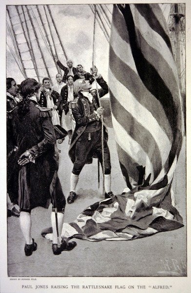 John Paul Jones hijst de Amerikaanse Rattlesnake-vlag op de Alfred door Howard (after) Pyle