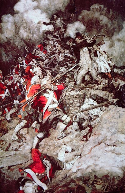 Ze klauterden over de borstwering en gingen over de top, Pell Mell, op de Britten, c.1897 door Howard (after) Pyle