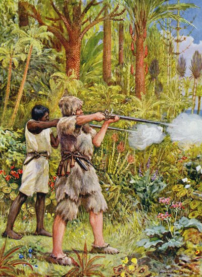 Crusoe en Vrijdag Schieten de Wilden, illustratie voor 