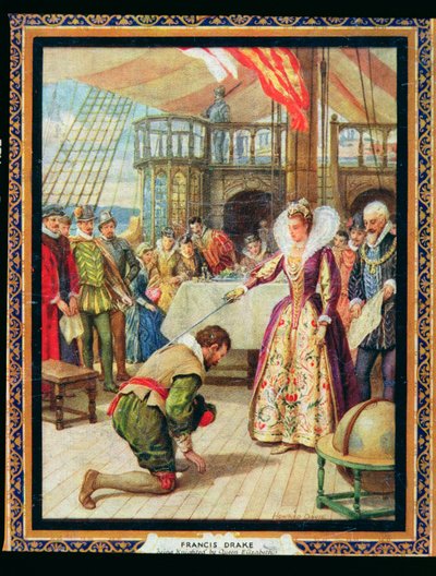 Koningin Elizabeth I (1530-1603) riddert Francis Drake (1540-96), illustratie uit 