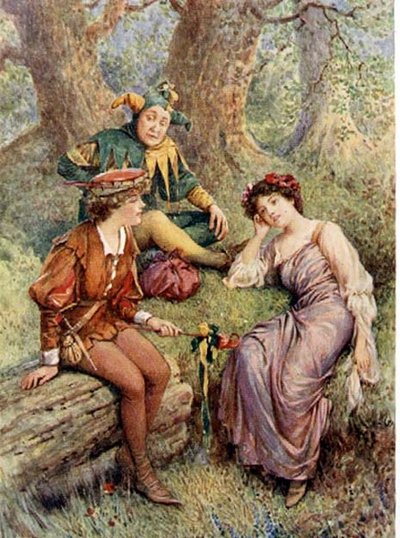 Rosalind, Celia en Touchstone in "As You Like It" uit 