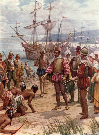 Sir Walter Raleigh landt in Virginia (kleur litho) door Howard Davie