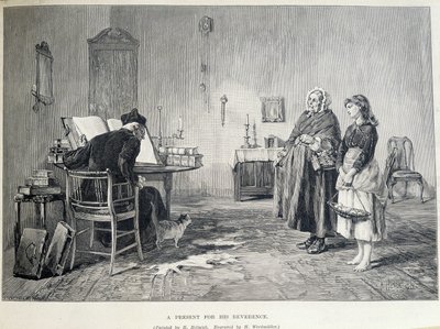Twee Ierse vrouwen brengen een geschenk aan een religieus persoon. Gravure door H. Werdmuller naar het schilderij van H. Helmick in de 19e eeuw. door Howard Helmick