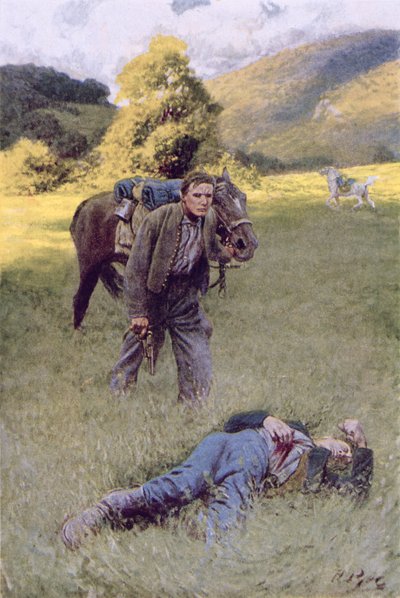Een eenzaam duel in het midden van een groot zonnig veld, illustratie uit 