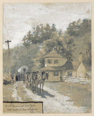 Een oude tolpoort met westwaarts gebonden express, tekening van een illustratie voor het artikel door Howard Pyle