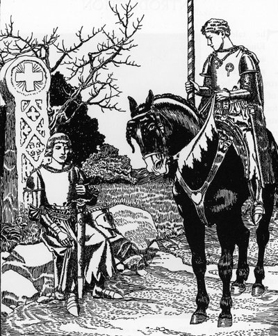 Arthurlegende: Galahad ontmoet Melyas de Lyle Illustratie door Howard Pyle uit 