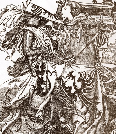 Arthurlegende: Kay (Keu), ridder van de ronde tafel, breekt zijn zwaard bij een toernooi (Sir Kay, ridder van de ronde tafel, breekt zijn zwaard bij een toernooi) Illustratie door Howard Pyle (1853-1911) uit “Het verhaal van koning Arthur en zijn ridders”  door Howard Pyle
