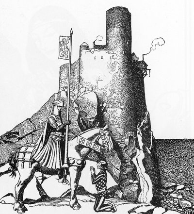 Arthuriaanse Legende: Tristan arriveert bij het kasteel van Nabon (Illustratie uit 