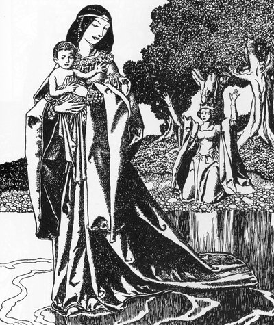 Arthuriaanse Legende: de dame van het Meer draagt Lancelot als kind (Illustratie uit 