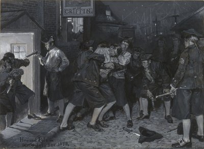Bij het uithangbord van de Griffioen, tekening voor een illustratie bij het artikel „Oude koffiehuizen van New York“ van John Austin Stevens door Howard Pyle