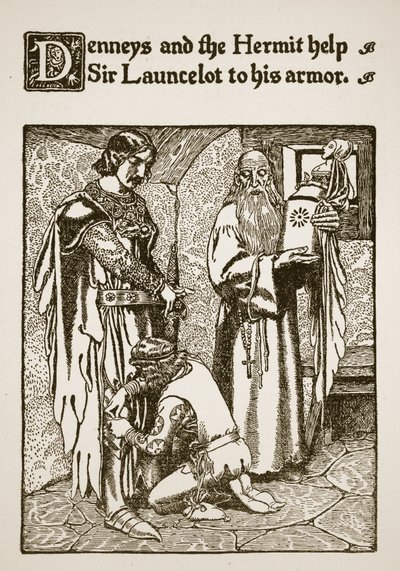 Denneys en de kluizenaar helpen Sir Launcelot met zijn harnas, illustratie uit 