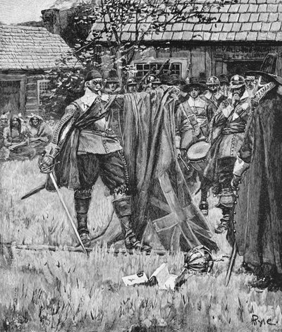 Endicott Snijdt het Kruis uit de Engelse Vlag, illustratie uit 