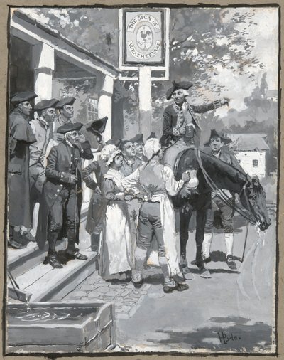 Hij Stopt bij het Teken van de Weerhaan, tekening van de illustratie voor het gedicht door Howard Pyle