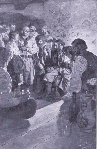 Hij leidde Jack naar de man die op het vat zat, uit Howard Pyles Book of Pirates gepubliceerd door Harper & Bros, 1921 door Howard Pyle