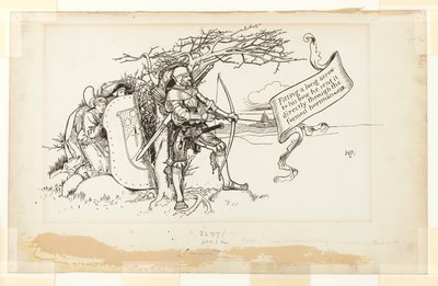 Illustratie voor The Accommodating Circumstance, II; Een lange pijl op zijn boog passend, stuurde hij deze direct door de voorste ruiter door Howard Pyle