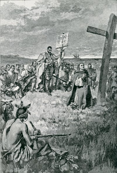 Jacques Cartier (1491-1557) zet een kruis op in Gaspe, illustratie uit 