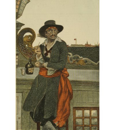 Kidd op het dek van de "Adventure Galley" door Howard Pyle