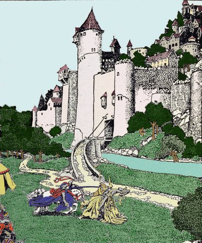 Koning Arthur en de zwarte ridder vechten op de binnenplaats van Camelot. Illustratie door Howard Pyle (1853 - 1911), Amerikaanse illustrator door Howard Pyle