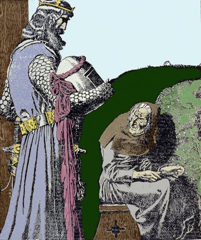 Koning Arthur (Artus) en de heks. Illustratie door Howard Pyle (1853 - 1911), Amerikaanse illustrator. door Howard Pyle