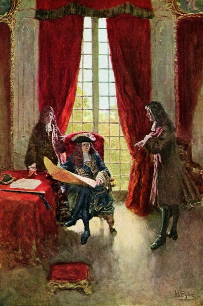 La Salle verzoekt de koning om toestemming om de Mississippi te verkennen, illustratie uit 