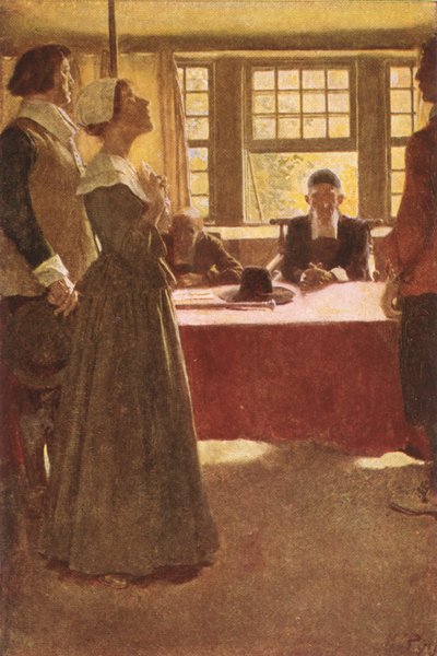 Mary Dyer voor gouverneur Endicott gebracht, illustratie uit 