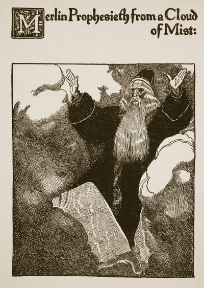 Merlijn voorspelt vanuit een mistwolk, illustratie uit 