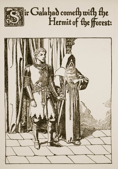 Sir Galahad komt met de kluizenaar van het bos, illustratie uit 
