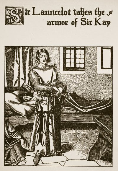 Sir Launcelot neemt de wapenrusting van Sir Kay, illustratie uit 