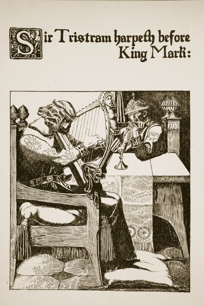 Sir Tristram speelt harp voor Koning Mark, illustratie uit 