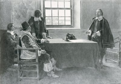 Sir William Berkeley geeft zich over aan de commissarissen van het Gemenebest, illustratie uit 