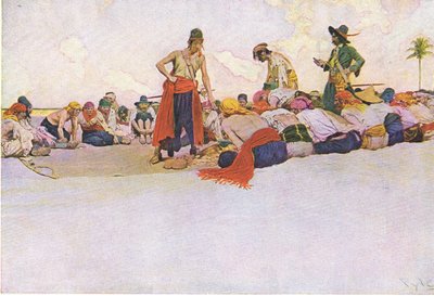 Dus werd de schat verdeeld, uit Howard Pyles Book of Pirates gepubliceerd door Harper & Bros, 1921 door Howard Pyle