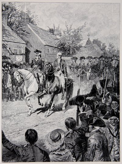 De burgerlijke processie geleid door generaal Washington en gouverneur Clinton door Howard Pyle