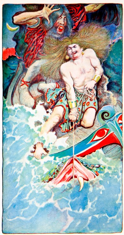 De visvangst van Thor en Hymir, uit Volkslegenden van de Zee, Harpers Magazine, 1902 door Howard Pyle