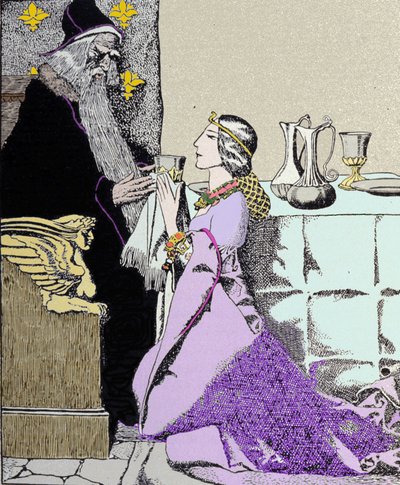 De fee Viviane betovert Merlijn de Tovenaar. Illustratie door Howard Pyle (1853 - 1911), Amerikaanse illustrator door Howard Pyle