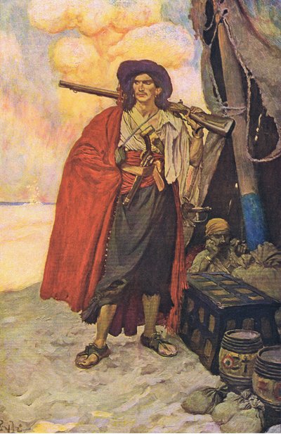 De kaper was een schilderachtige kerel, uit Howard Pyles Book of Pirates gepubliceerd door Harper & Bros, 1921 door Howard Pyle