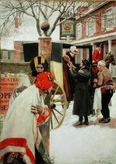 Op de laatste etappe van de reis stopten ze voor het diner in een taverne (of De Spionnen), uit 