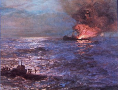 Koopvaardijschip beschoten door Duitse U-boot in WO2 door Howard Russell Butler