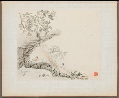 Album van Landschapsschilderijen die Oude Gedichten Illustreren: Een Man Ligt onder een Rotsachtige Overhang, 1700s door Hua Yan