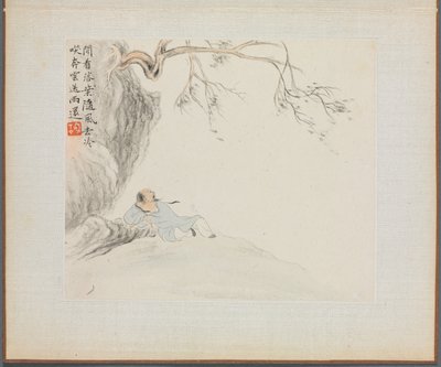 Album van Landschapsschilderijen die Oude Gedichten Illustreren: Een Man Ligt onder een Overhangende Tak door Hua Yan